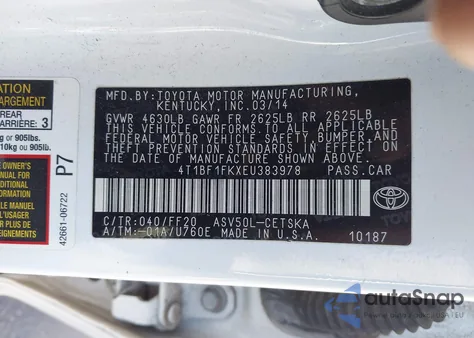 2014 Toyota Camry Se из США, поврежденный, VIN 4T1BF1FKXEU383978